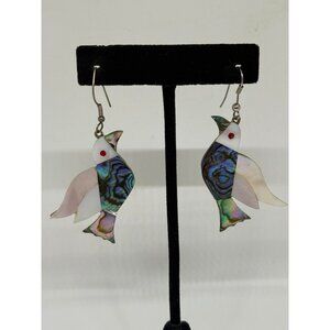 Vintage Alpaca Mexico Abalone & Mother of Pearl Bird French Hook Dangle Earrings